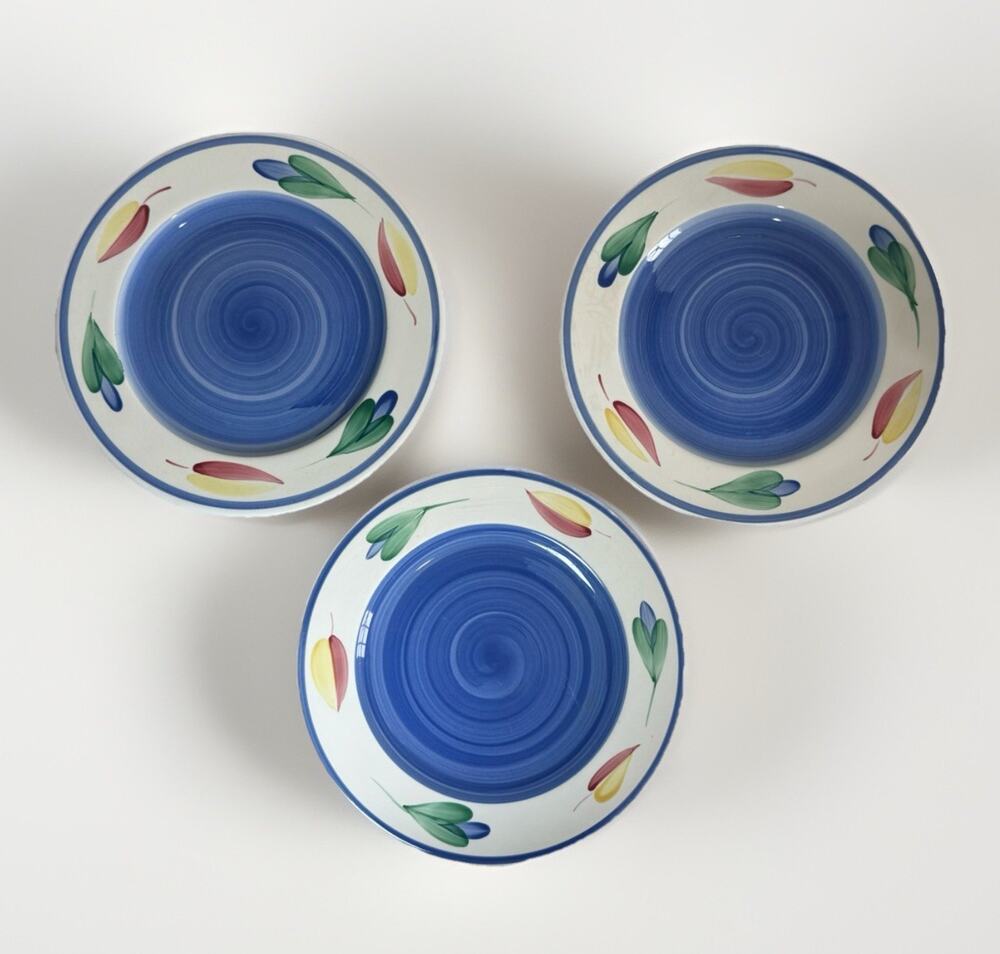 Furio Italy Swirl Floral Blue Ceramic Dinner Plates Set of 3 Glossy 10" Round